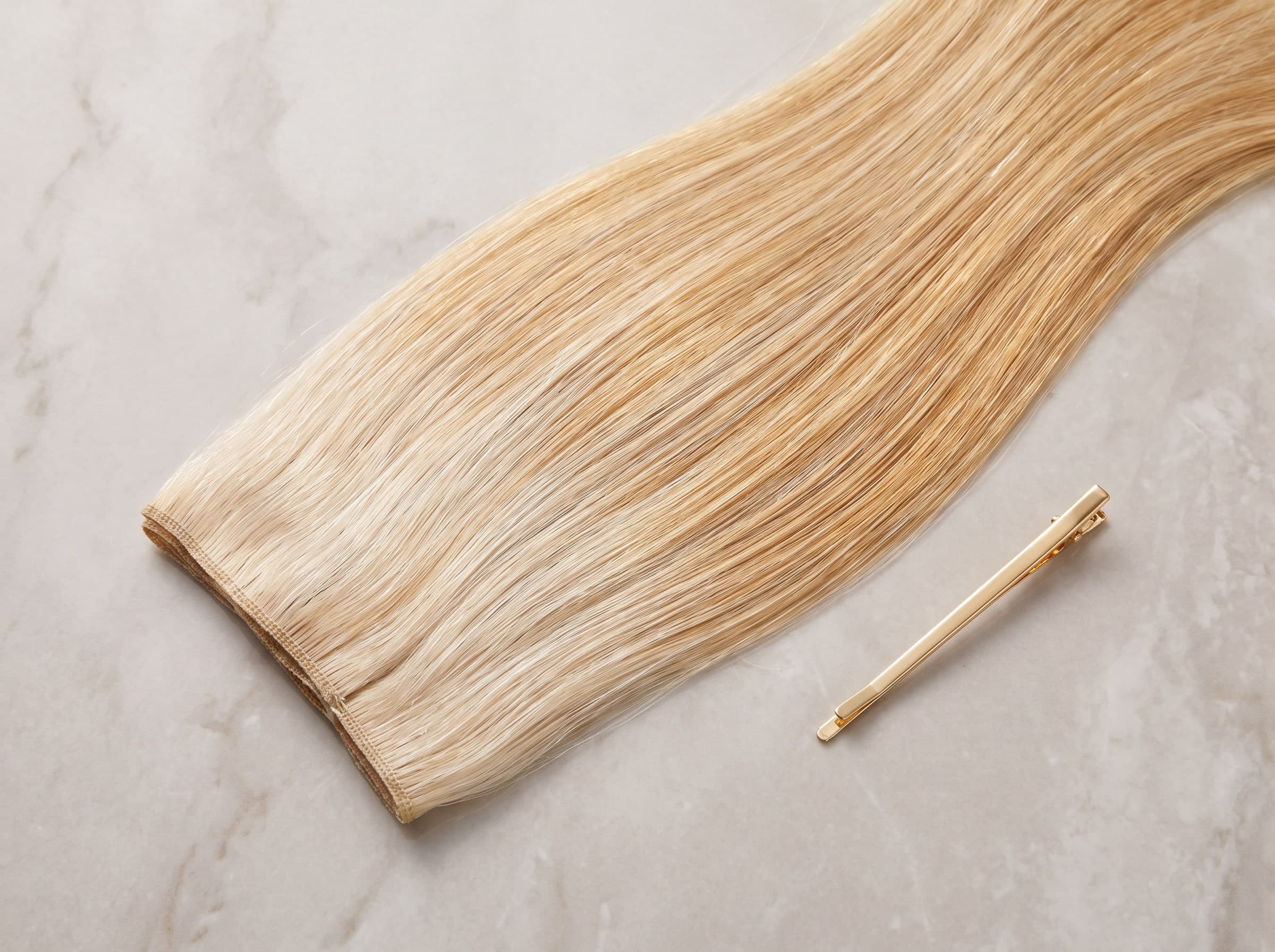 Hellblonde glatte Haarsträhne mit goldener Spange auf hellem Marmor