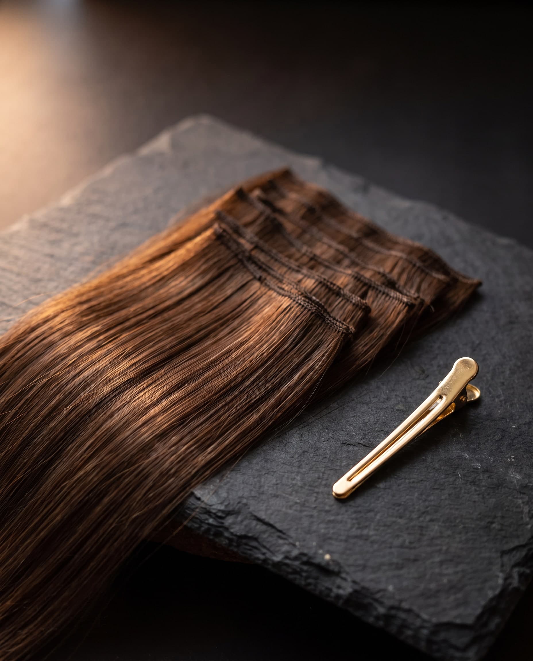 Kastanienbraune Haarsträhnen nebeneinander auf dunklem Schiefer, daneben eine goldene Abteilklammer